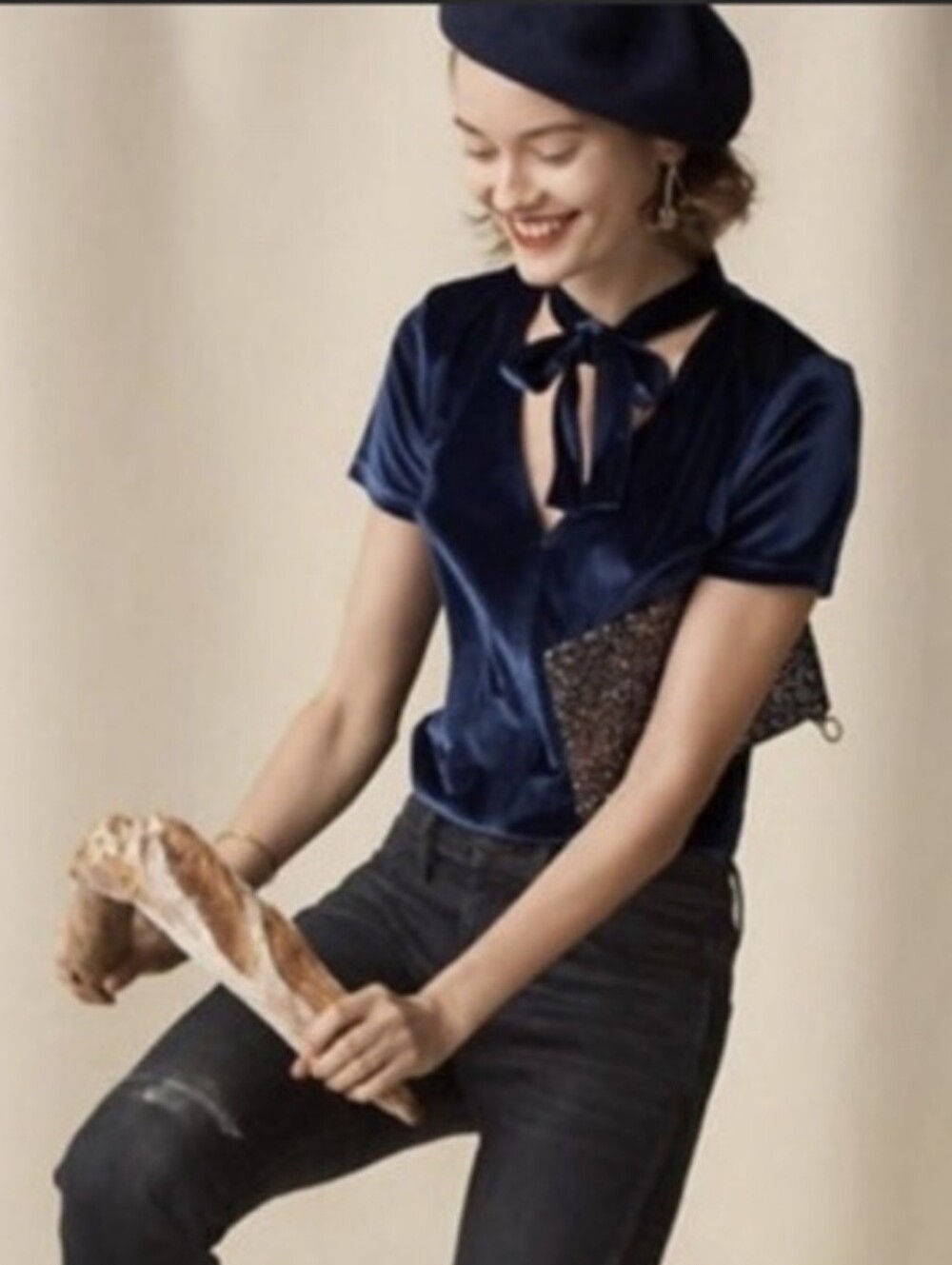 Madewell Velvet Tie-Neck Top - Nightfall Blue XXS